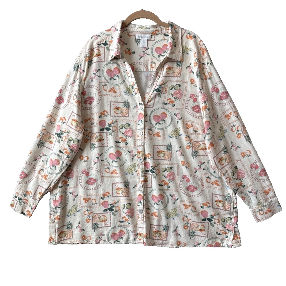 Cynthia Rowley Fruit Stamp Linen Blend Shirt 1X Resort Euro Cottagecore Garden
